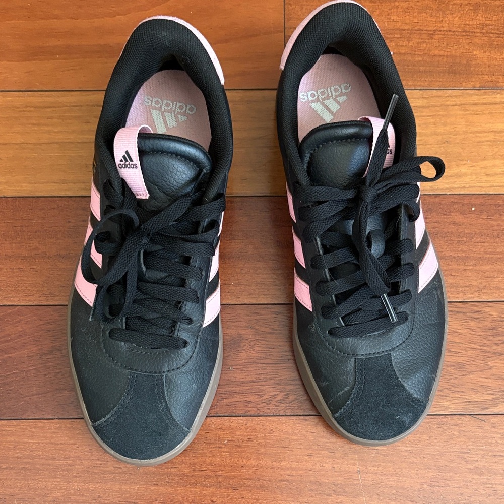 Adidas Women's Black Sneakers with Pink Stripes